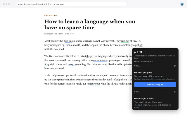 The Sink In extension in Chrome: phrasal verbs in a news article are underlined, and a card shows the two meanings of put off