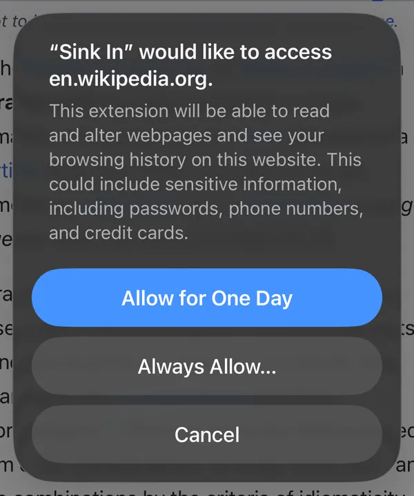 Safari asks: Sink In would like to access en.wikipedia.org. Buttons: Allow for One Day, Always Allow, Cancel