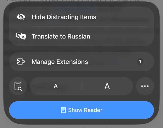 The Safari page menu with Manage Extensions and the number 1 next to it