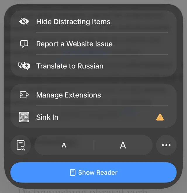 The page menu with Sink In and a yellow warning sign next to it