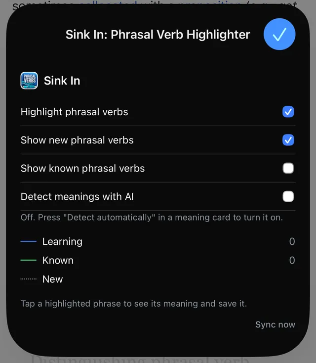The Sink In settings window that opens from the page menu