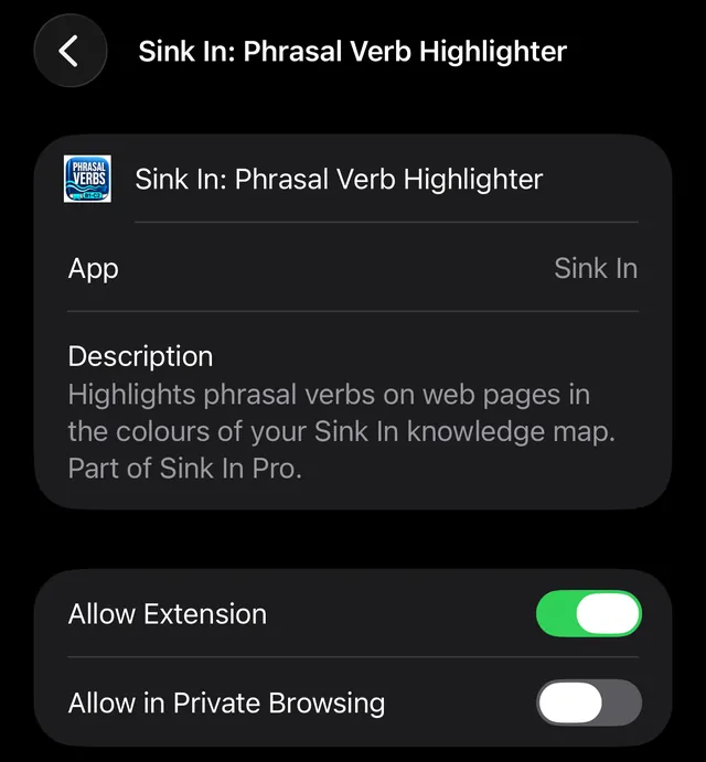 Settings, Safari extensions: the Allow Extension switch for Sink In is green
