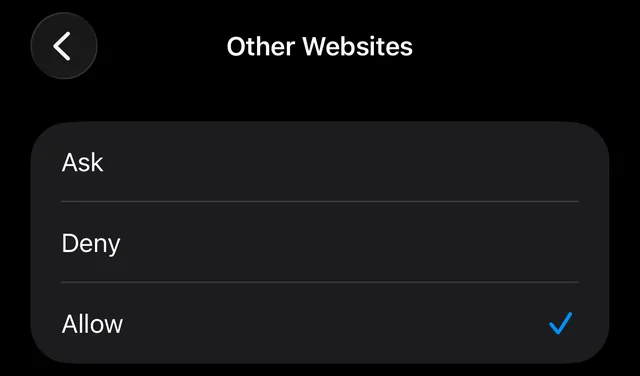 Settings: Other Websites for Sink In is set to Allow