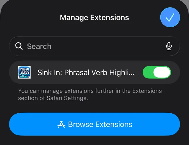Manage Extensions: the switch next to Sink In: Phrasal Verb Highlighter is green